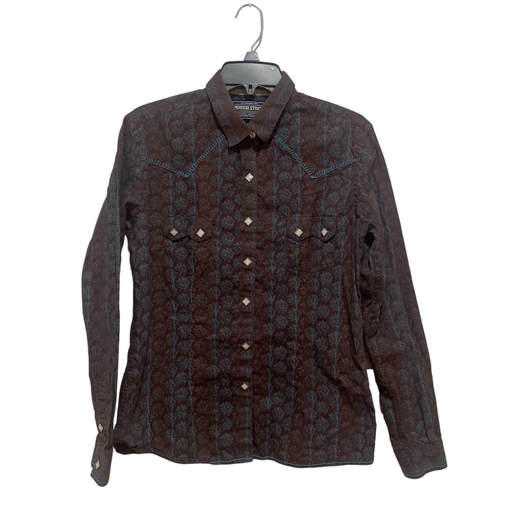 Womens PANHANDLE SLIM Rough‎ Stock Brown Turquoise Pearl Snap Western Shirt M